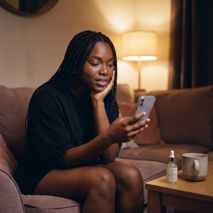 A woman alone on her sofa in the evening, unsure, scrolling a product page on her phone