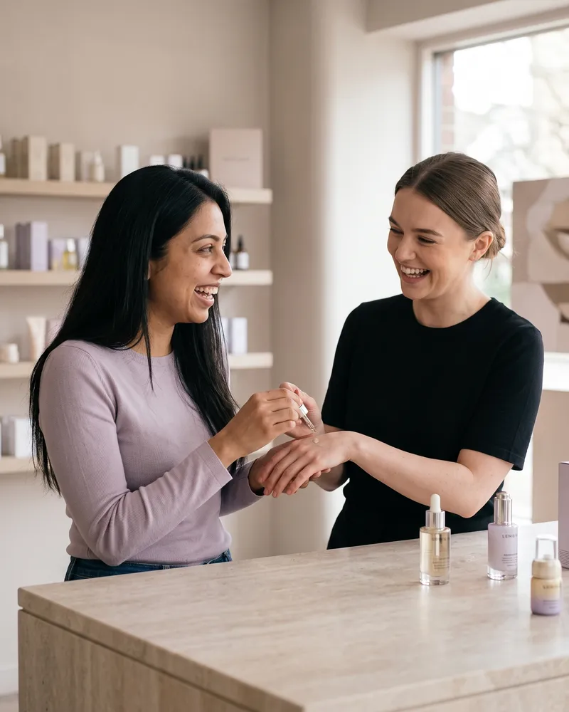 A beauty advisor dabbing serum onto a customer's hand at a store counter