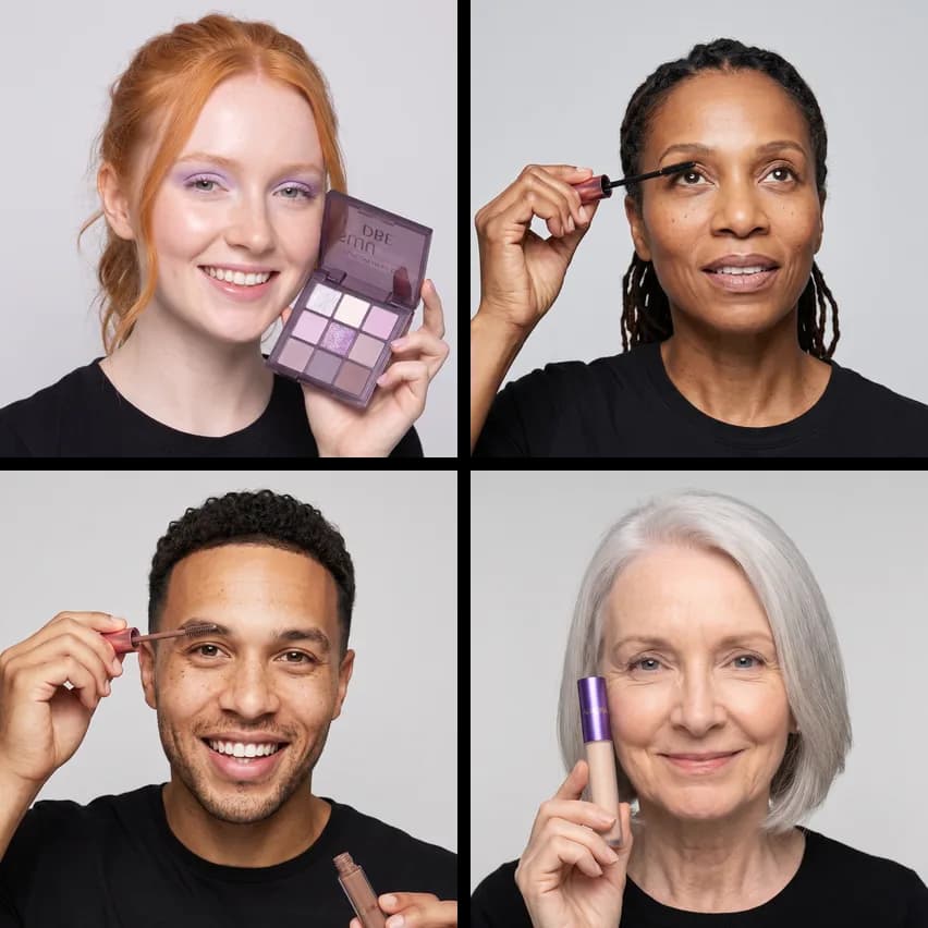 Four people of different ages, skin tones and backgrounds, each with a beauty product