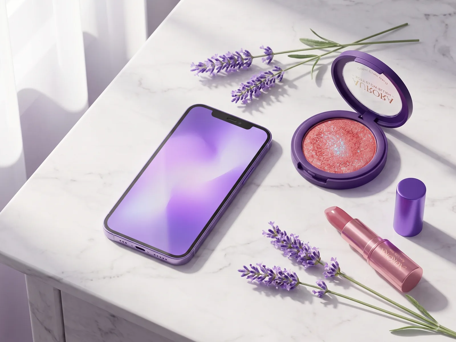 A phone with a purple screen beside blush and lipstick on marble, with lavender