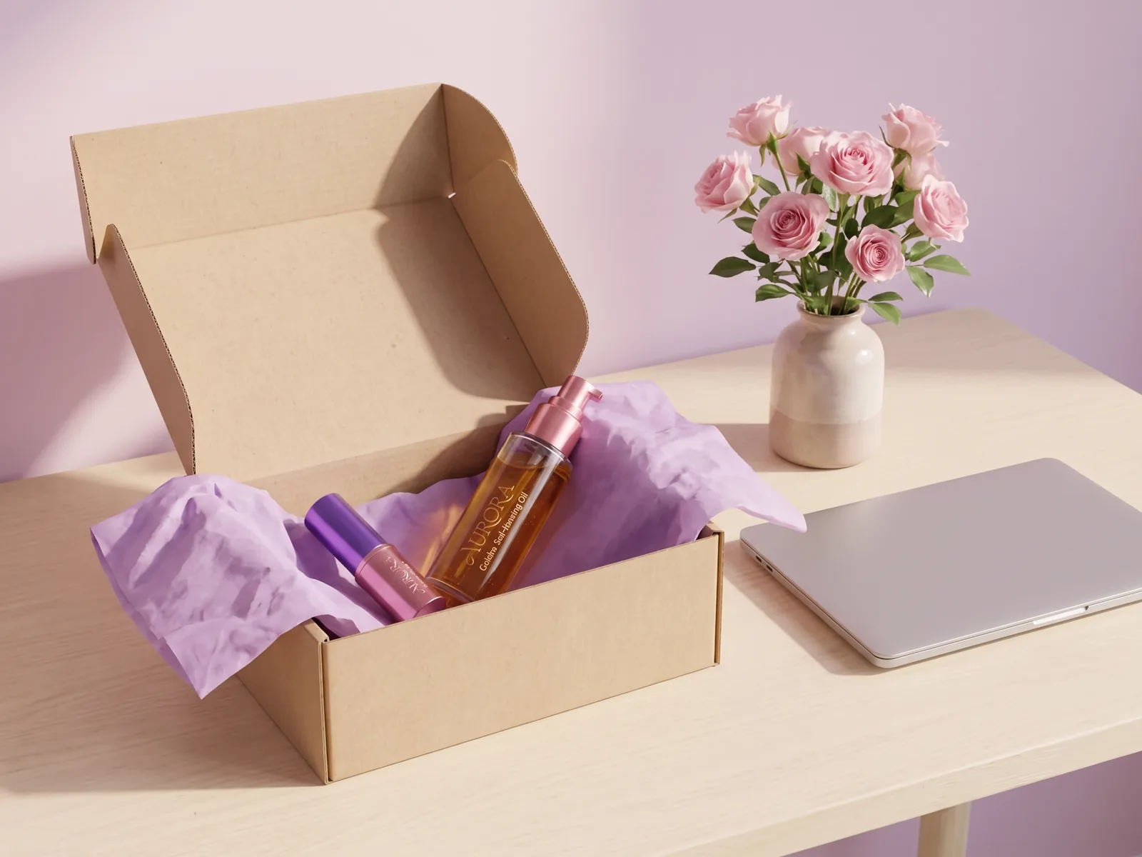 An open delivery box of beauty products beside a laptop and a vase of roses